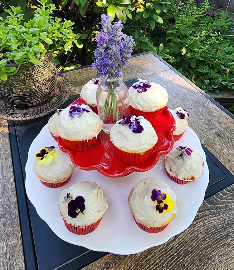 pansies used as edible decorations on cupcakes